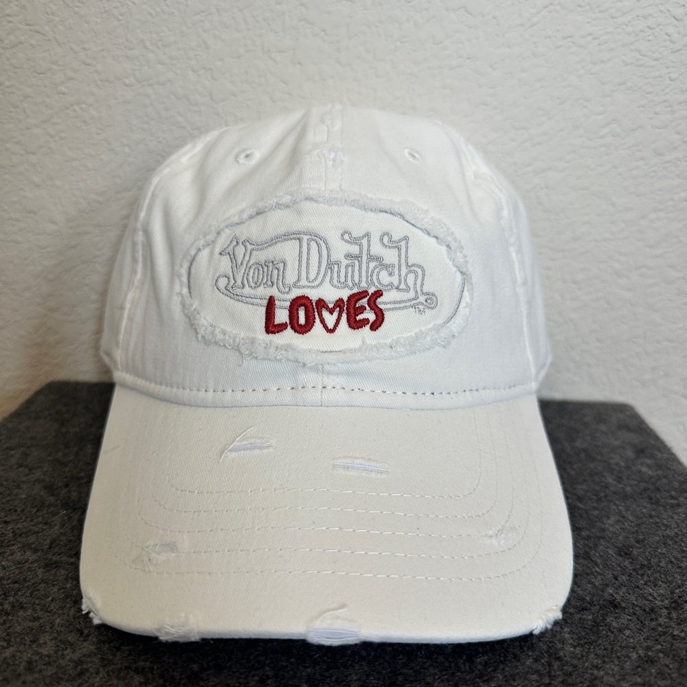 Distressed Von Dutch Off-White Cap with Red Logo